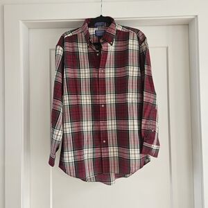 Pendleton Burgundy and Cream Plaid Button Down Shirt Size Medium 100% Wool